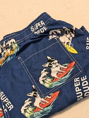 Jera Mens XL Super Dude Swim Trunks Euc Dogs Surfing Waves Multi Color Ocean Sea